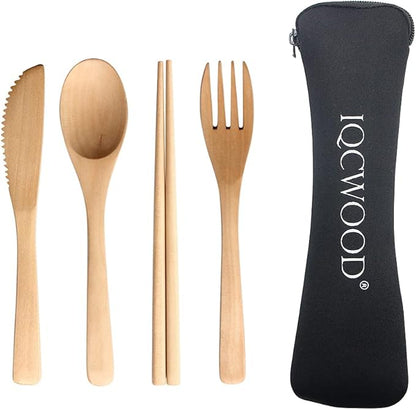 Wooden Cutlery Set Portable, Wooden Flatware,4 Piece Pack of Wooden Utensils Sets with Reusable Wood Spoon Chopsticks Fork Knife Cutlery Set for Travel and Camping by IQCWOOD