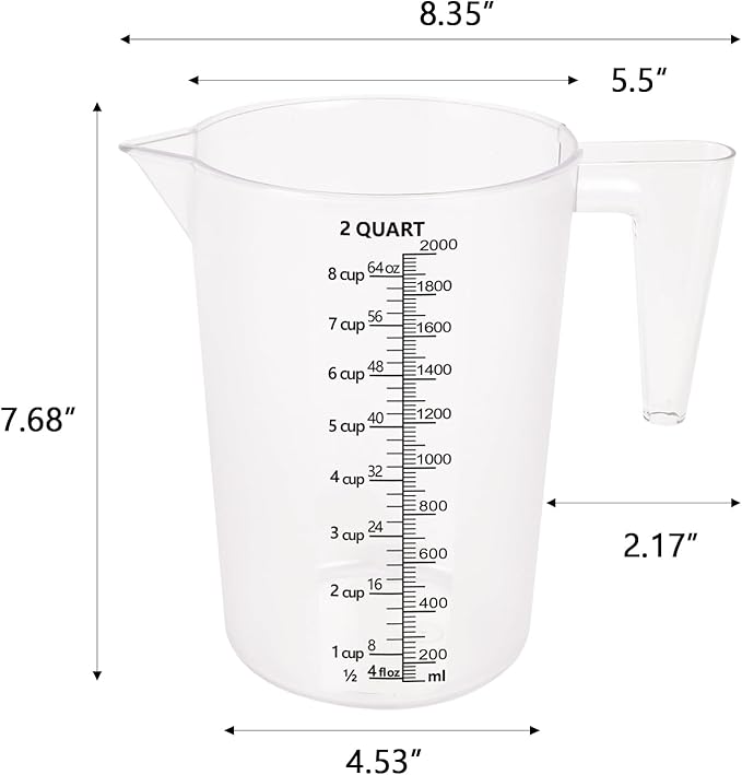 Food-Grade Plastic Measuring Pitcher – 64 Ounce & 8 Cups Measuring Cups with Handle for Liquid, Motor Oil, Pool & Lawn Chemicals, Dilution, Soap Mixing, Brewing, Commercial & Kitchen Use(2000ml)