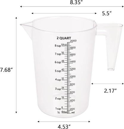 Food-Grade Plastic Measuring Pitcher – 64 Ounce & 8 Cups Measuring Cups with Handle for Liquid, Motor Oil, Pool & Lawn Chemicals, Dilution, Soap Mixing, Brewing, Commercial & Kitchen Use(2000ml)