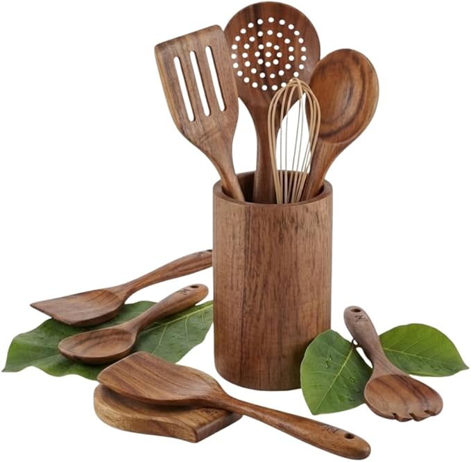 10 Pcs Wooden Utensil Set, 100% Natural Teak Wood Cooking Utensils with Spatula, Turner, Spoon Rest & Holder, Heat Resistant, Lightweight Wooden Spoons for Cooking, Safe for Nonstick Cookware by Unknown