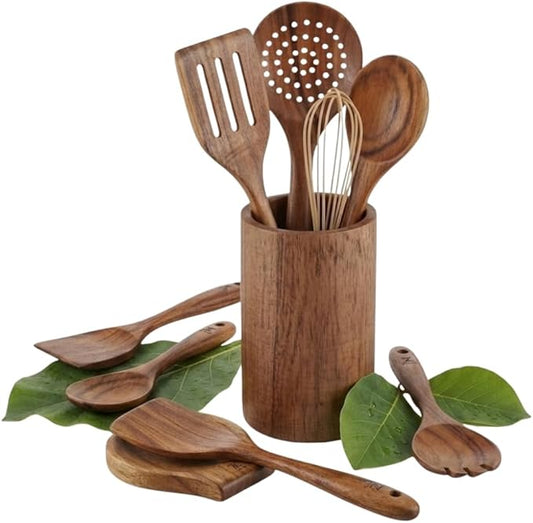 10 Pcs Wooden Utensil Set, 100% Natural Teak Wood Cooking Utensils with Spatula, Turner, Spoon Rest & Holder, Heat Resistant, Lightweight Wooden Spoons for Cooking, Safe for Nonstick Cookware by Unknown