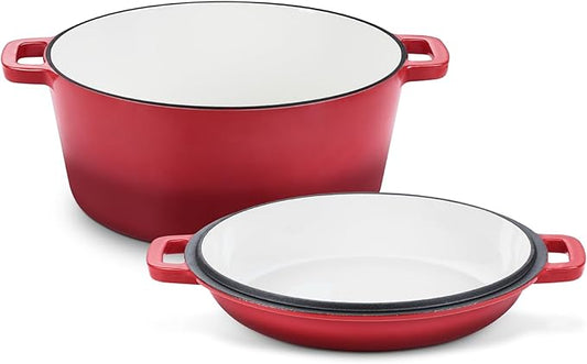 TeamFar 2-In-1 Enameled Cast Iron Dutch Oven, 5 Quart Dutch Oven Pot Cookware with Skillet Lid for Bread Baking Braising Stewing Roasting, Heavy-Duty & Nonstick, Oven Safe & Fit for Induction (Red) by TeamFar