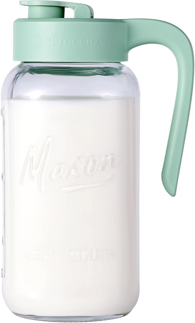 Mason Jar Pitcher - Airtight & Leakproof Glass Pitcher with Lid, Perfect for Breastmilk, Cold Brew, and Sun Tea, 2 Quart (64 oz) Mason Jar with Pour Spout Lid by spreccio