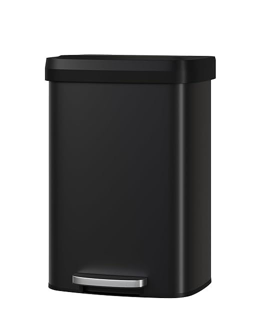 Garvee 13 gal / 50 L Metal Trash Can with Lid, Large Garbage Can for Kitchen, Rustproof Step-on Kitchen Metal Trash Bin with Liner Rim, Rear Handle, Soft Close Plastic Lid, Black by Garvee
