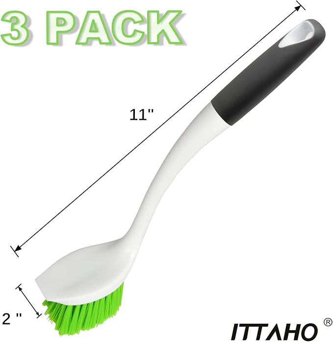 Dish Scrubber Set, Kitchen Brush for Cleaning with Scraper Edge, Green Multi-Purpose Scrub Brush with Handle for Dishes,Sink,Pots,Pans,Shower,Tile,Tubs - 3 Pack - Image 7