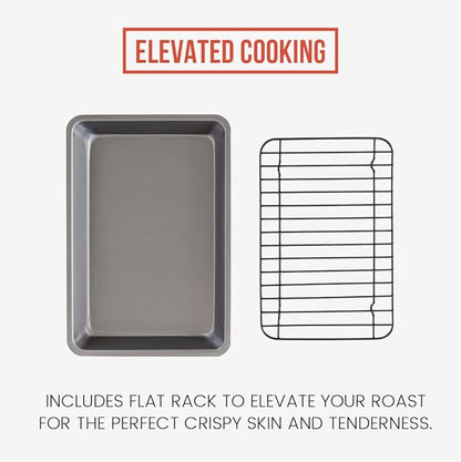 Chef Pomodoro Nonstick Carbon Steel Small Roasting Pan with Rack, Roasting Pan for Countertop Oven Baking, Single Serving, Grey (Mini)