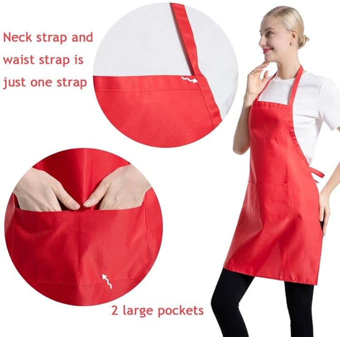 Total 12 PCS Plain Red Bib Apron for Women Men Adult with 2 Front Pockets Cooking Kitchen Baking BBQ(True Red-12pcs) - Image 4