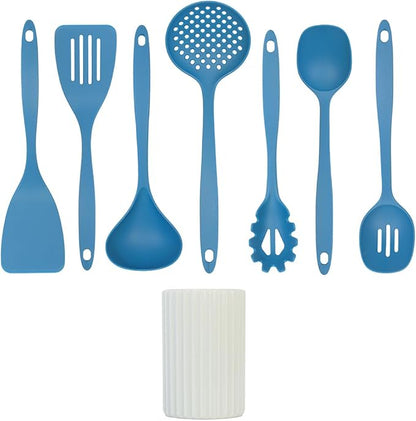 Glad Kitchen Utensils Set, 8pcs - Nonstick Cooking Tools with Utensil Holder - Nylon Spoon, Ladle, Skimmer, Spaghetti Server, and Turner Spatula Set - Dishwasher Safe, Blue - Image 2