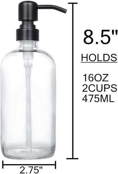 2 Pack Thick Clear Glass Pint Jar Soap Dispenser with Matte Black Stainless Steel Pump, 16ounce Clear Boston Round Bottles Dispenser with Rustproof Pump for Essential Oil, Lotion Soap