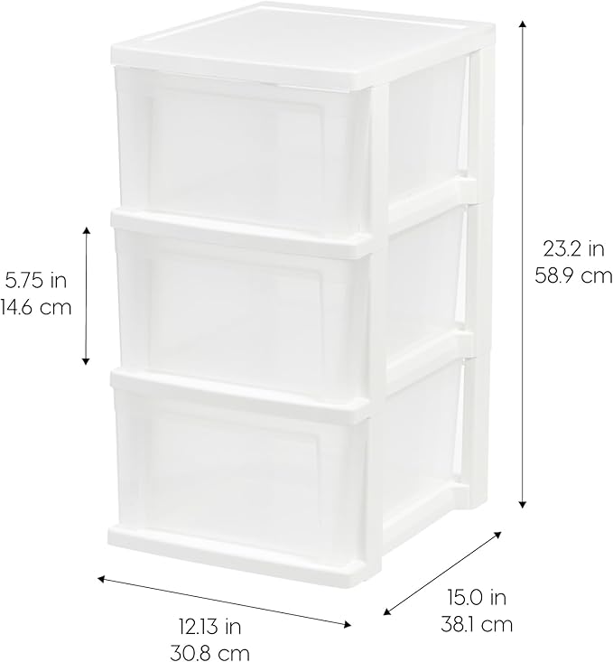 IRIS USA Plastic Drawer Storage Organizer, 3-Drawers, 2-Pack, for Classroom Art Craft Supplies, Bathroom Bedroom, Laundry Room, White/Clear - Image 2