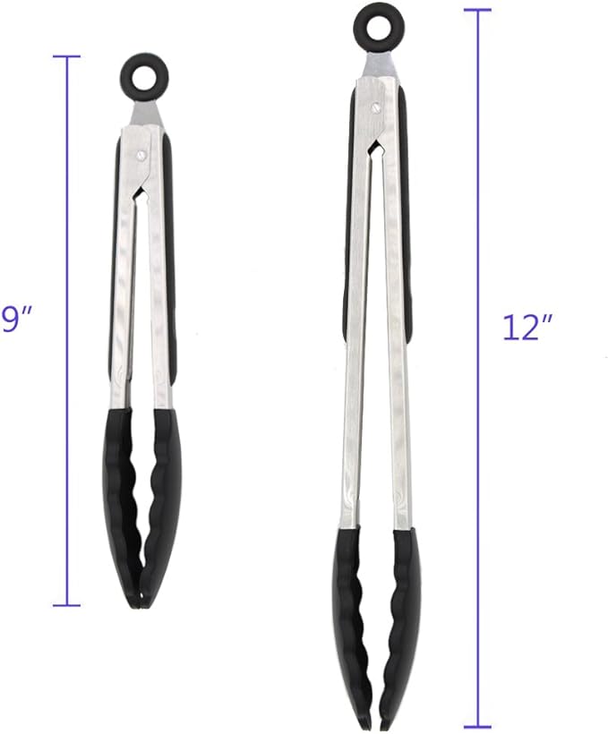 2 Pack Black Kitchen Tongs, Premium Silicone BPA Free Non-Stick Stainless Steel BBQ Cooking Grilling Locking Food Tongs, 9-Inch & 12-Inch - Image 3