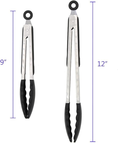 2 Pack Black Kitchen Tongs, Premium Silicone BPA Free Non-Stick Stainless Steel BBQ Cooking Grilling Locking Food Tongs, 9-Inch & 12-Inch - Image 3