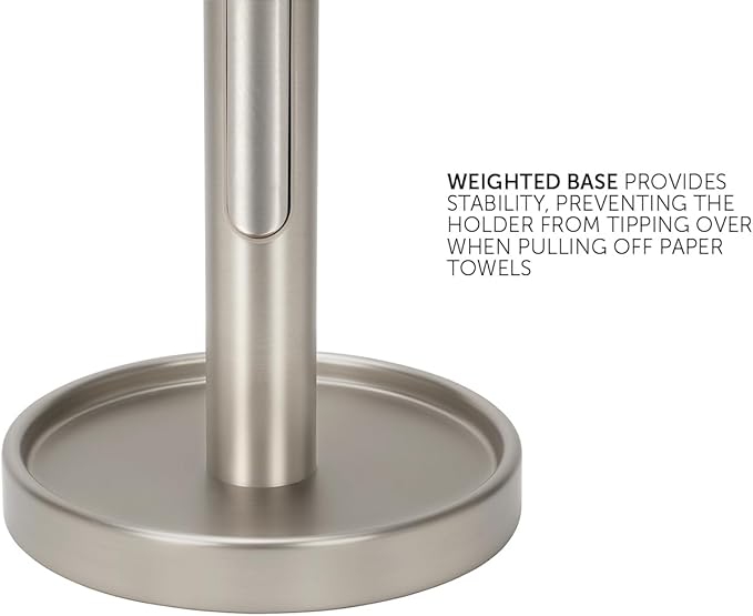 Ivilon Countertop Paper Towel Holder - Weighted Heavy Duty Steel Stand with Non-Slip Base for a Steady One-Handed One Sheet Tear - Fits All Rolls - Brushed Nickel - Image 4