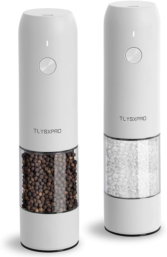 Electric Salt and Pepper Grinder Set, USB Rechargeable, Automatic Salt and Pepper Mill Grinder with Adjustable Coarseness, Electric Salt Shakers, LED Light, Refillable (2 Packs, White) by TLYSXPROOfficial