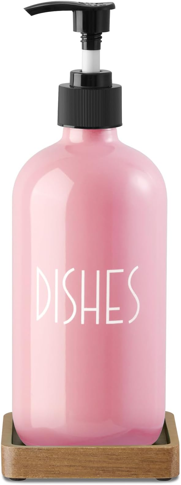 Pink Glass Dish Soap Dispenser with Acacia Wood Tray, 16 oz Refillable Kitchen Soap Pump Bottle, Decorative Countertop Soap Dispenser Set for Kitchen Bathroom Accessories by Unknown