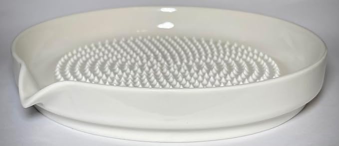 BonCera, Premium Ceramic Garlic Grater Plate 3-Piece Set - White Modern Design and Style - For Garlic, Ginger, Chocolate, and more! - Comes with 6.5" Plate, Peeler, and Brush