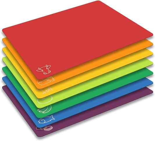 Cutting Board Mats Flexible Plastic Colored Mats with Food Icons, Fotouzy BPA-Free, Non-Porous, Anti-skid back and Dishwasher Safe, Set of 7 Rainbow - 7 Pieces by Fotouzy