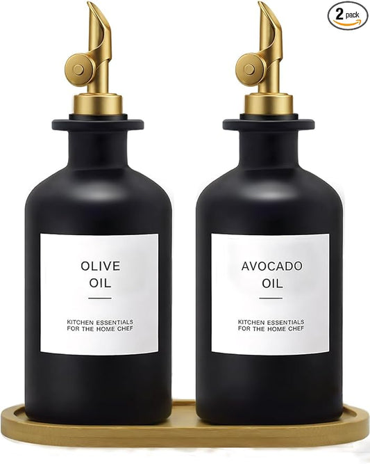 Olive Oil Dispenser Set, 2 x 11.8oz Black Glass Bottles with Auto-Flip Spouts & 2 Capped Spare Spouts, Bamboo Tray, Oil & Vinegar Cruet (Black)