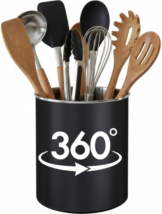 Cooler Kitchen Black Rotating Extra Large Stainless Steel Utensil Holder Caddy with Sturdy No-Tip Weighted Base, Removable Divider, and Gripped Insert - Dishwasher Safe Metal Cooking Utensil Holder by CoolerKitchen