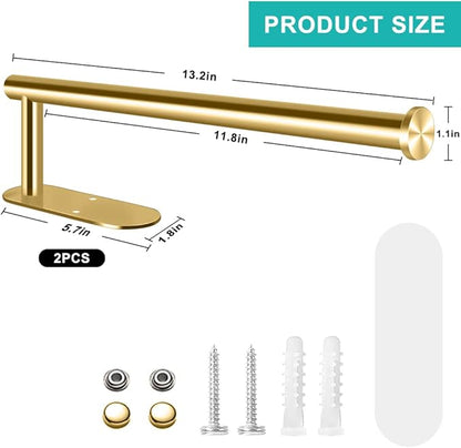 MGahyi 13.2 Inch Wall Mount Paper Towel Holder, Self Adhesive & Drilling Dual Use Under Cabinet Towel Rack, L-Type Rust Resistant Metal Roll Hanger for Kitchen, Bathroom, Pantry(Gold, Rectangle) - Image 2