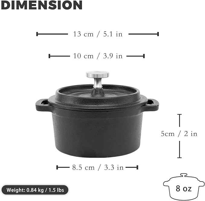 Flavehc Mini Cocotte 8 oz Pre-Seasoned Mini Dutch Oven 0.25 qt. Cast Iron Garlic Roaster for Oven Garlic Confit Pot Ramekins with Lids Oven Safe Set of 2