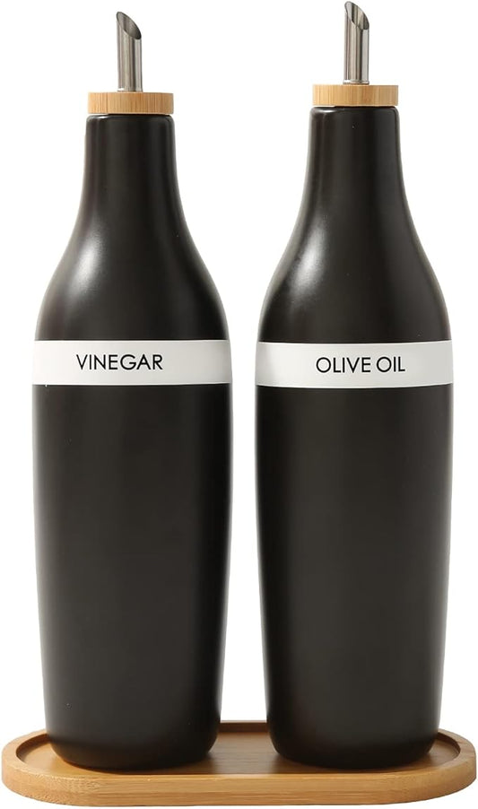 HOMCDALY Olive Oil and Vinegar Dispenser Set, Two 16oz Ceramic Oil Dispenser for Kitchen, Kitchen Dispenser Bottle for EVOO Vinegar Syrups, Modern Farmhouse Design| Set of 2 – Black by HOME