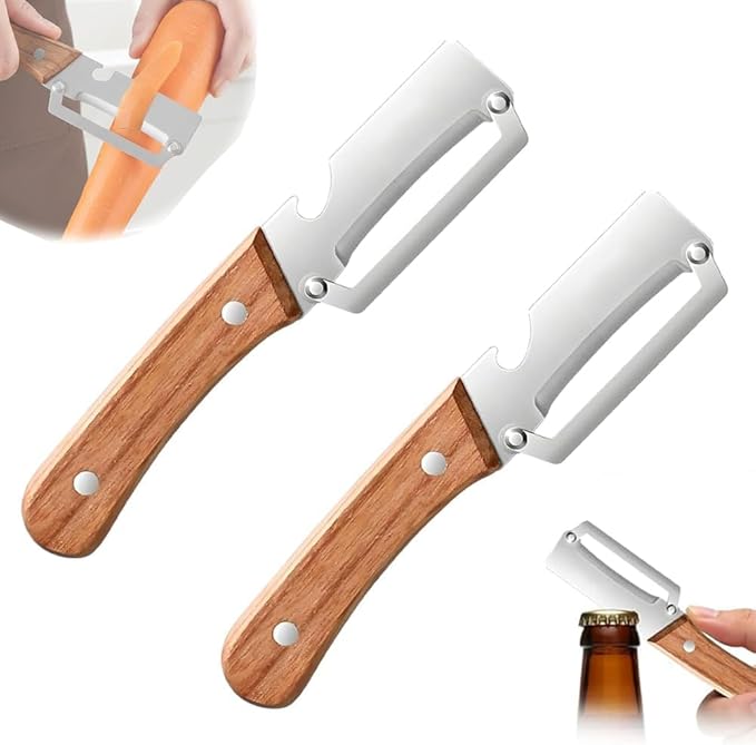 Premium Vegetable Peeler with Wooden Handle and Bottle Opener,Multi-Functional Vegetable Peeler for Kitchen, 2-In-1 Stainless Steel Kitchen Tool, for Fruit Veggie, Includes Bottle Opener (2PCS) by Unknown