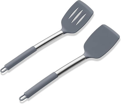 Silicone Spatula Set of 2, E-far Solid & Slotted Turner for Nonstick Cookware, Heat Resistant Rubber Kitchen Cooking Utensils for Flipping Fish Pancake Egg - Grey by E-far