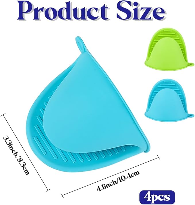 4 PCS Silicone Oven Mitts Heat Resistant Mini Oven Gloves for Kitchen Rubber Air Fryer Mitts Oven Accessories Finger Cooking Pinch Mitts Pot Holders for Kitchen Cooking Baking Dishwasher, Blue & Green - Image 3