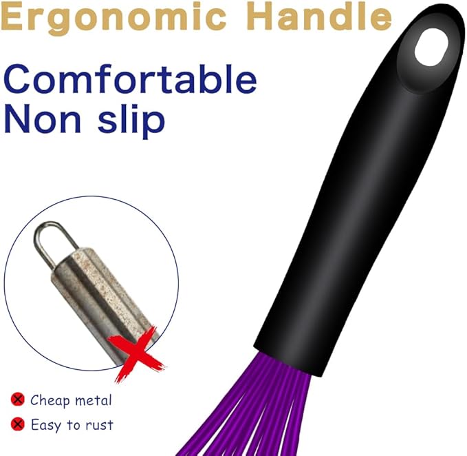 OYV Dishwasher Safe Purple Silicone Whisk, Sealed Waterproof Design Set of 3, Professional Kitchen Whisks for Cooking Non-Scratch, Silicone & Stainless Steel Whisk, Heat Resistant Balloon Egg Beater - Image 5