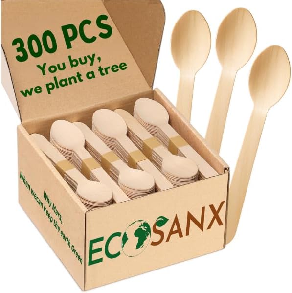 ECOSANX® 300 PCs Wooden spoons for eating, 6.5" Splinter Free small disposable spoons, Eco-Friendly, 100% All-Natural Compostable spoons for Outdoor, Bamboo spoon Disposable for Camping Events & More by ECOSANX