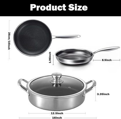 Toutrop Hybrid Stainless Steel Cookware Set-6QT Sauté Pan with Lid,10 Inch Nonstick Frying Pan,Induction Compatible,PFOA Free,Dishwasher & Oven Safe