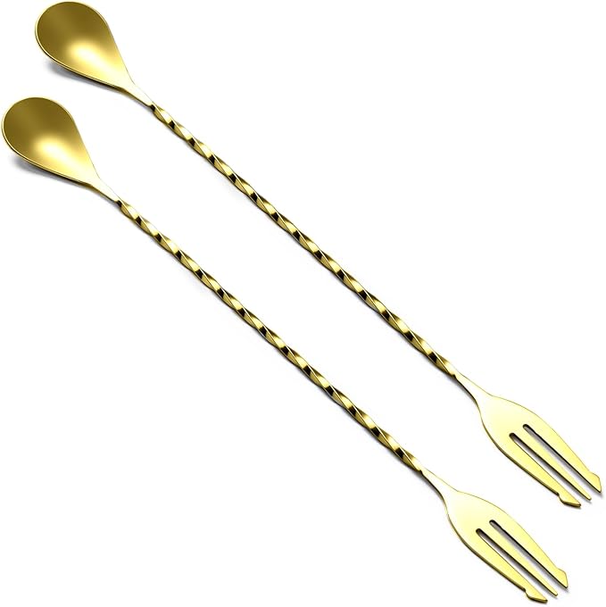 BRIOUT 2 Pcs Bar Spoon, 12 Inches Long Handle Drink Stirrer, Stainless Steel Bar Cocktail Mixing Spoons with Double Ended Design for Stirring, Gold by Briout