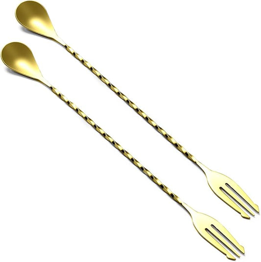 BRIOUT 2 Pcs Bar Spoon, 12 Inches Long Handle Drink Stirrer, Stainless Steel Bar Cocktail Mixing Spoons with Double Ended Design for Stirring, Gold by Briout