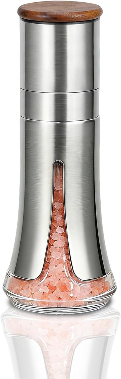Aelga Salt Grinder Refillable - 4oz Manual Stainless Steel Salt Mill with Wood Lid, 5-Level Adjustable Coarseness, Silicone Funnel by Aelga