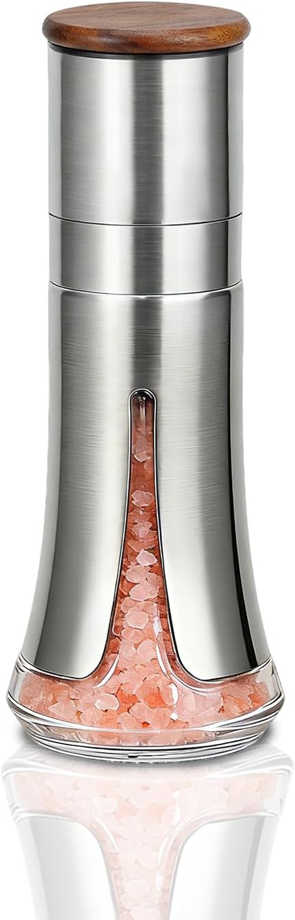 Aelga Salt Grinder Refillable - 4oz Manual Stainless Steel Salt Mill with Wood Lid, 5-Level Adjustable Coarseness, Silicone Funnel by Aelga