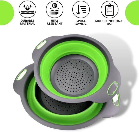 Green Round Silicone Collapsible Colander – Silicone Round Small Kitchen Strainers with Plastic Handles Foldable Kitchen Strainer Perfect for Draining Pasta Vegetable and Fruit - Image 4
