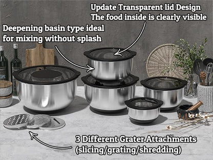 Mixing Bowls with Lids Set - Non-Slip, Airtight Warp-Proof TPR-AS Lids, Thicker Stainless Steel Bowls, Measurement Lines & 3 Graters, Prep Meal Bowl, Black Nesting Bowl for Kitchen, 5/3/2/1.5/0.63QT - Image 8