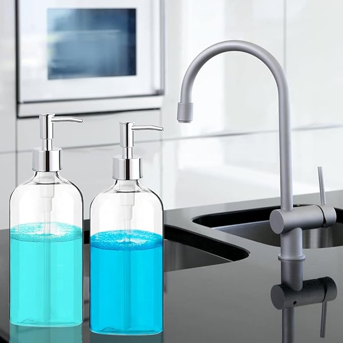 Clear Soap Dispenser with Rust Proof Pump, Waterproof Labels (2 Pack,16 Oz), Plastic Hand Soap Dish Soap Dispenser for Kitchen Bathroom - Image 7