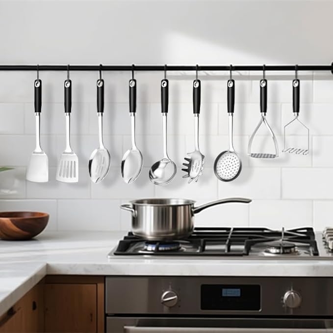 18/0 Stainless Steel Cooking Utensils Set, Heavy Duty Kitchen Utensils for Daily Use Party Wedding Housewarming, Dishwasher Safe, 9 Pieces - Image 2