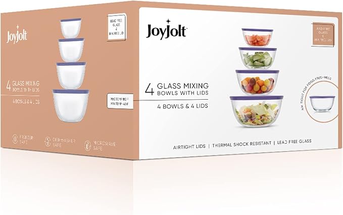 JoyJolt Very Peri 8pc Glass Mixing Bowls with Lids Set - Large Nesting Bowls, 2 Qt, Durable, Dishwasher & Microwave Safe - Image 7