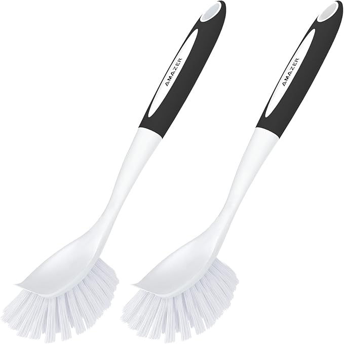 Amazer Dish Brush with Handle, 2 Pack Kitchen Scrub Brushes for Cleaning, Dish Scrubber with Stiff Bristles for Sink, Pots, Pans by Amazer