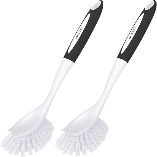 Amazer Dish Brush with Handle, 2 Pack Kitchen Scrub Brushes for Cleaning, Dish Scrubber with Stiff Bristles for Sink, Pots, Pans by Amazer