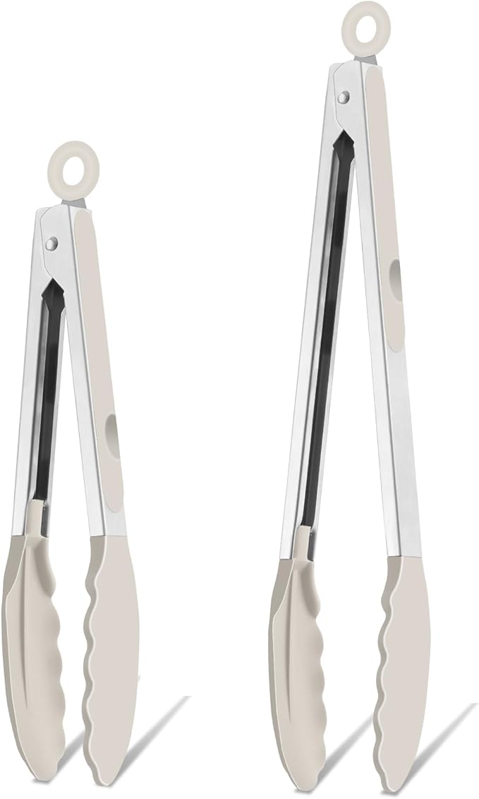 TeamFar Kitchen Tongs, 9" and 12" Stainless Steel Cooking Tongs with Silicone Tips for Cooking Grilling Serving & BBQ, Heat Resistant Silicone Tongs, Locking Design & Dishwasher Safe, Set of 2 & Khaki by TeamFar