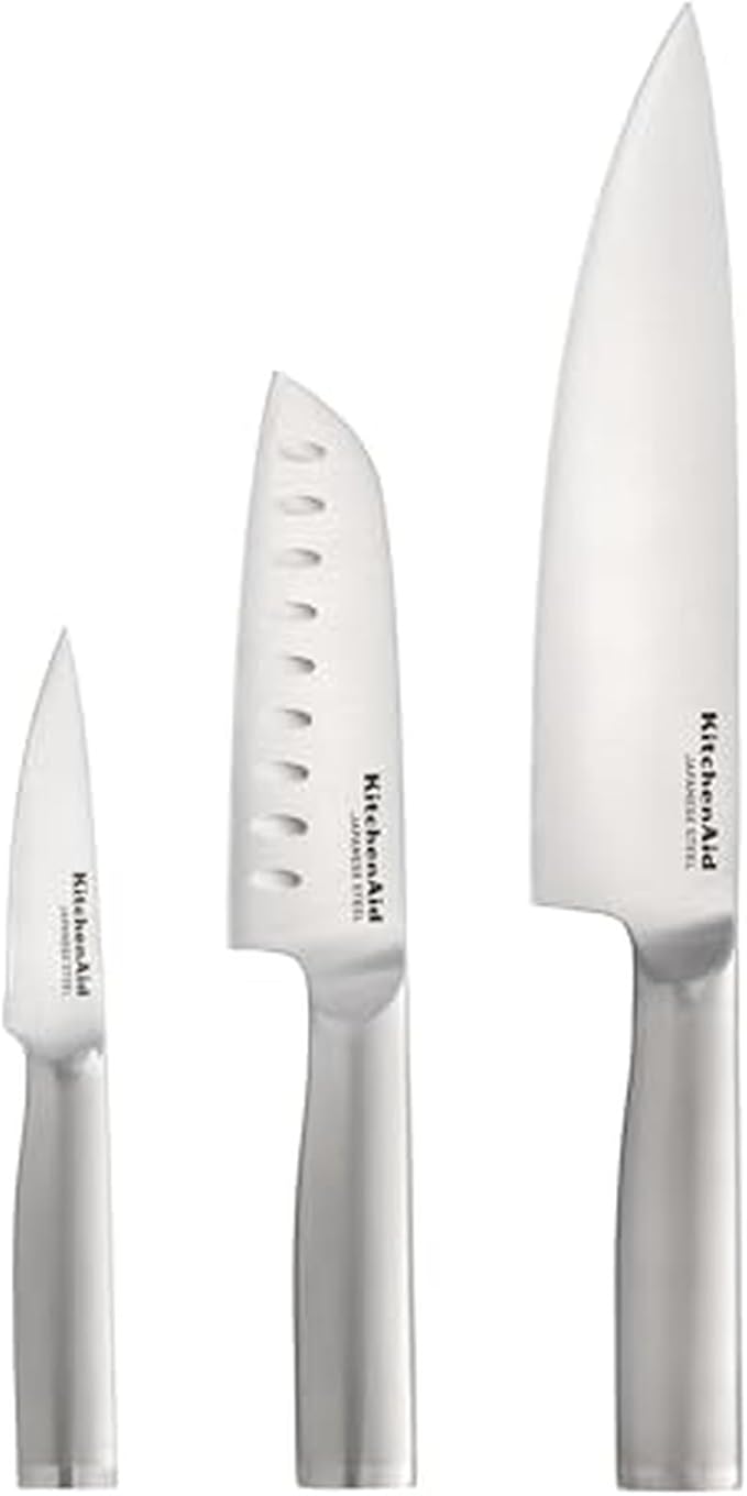 KitchenAid 3 Piece Forged Chef Knife Set High Carbon Japanese Steel, Includes 8 Inch Chef Knife, 5 Inch Santoku Knife, and 3.5 Inch Paring Knife with Blade Covers by KitchenAid