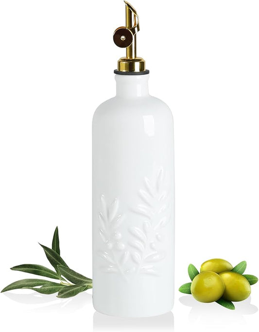 Sweejar 18 Oz Oil Dispenser for Kitchen with Gravity Spout, Ceramic Olive Oil Dispenser Bottle, Relief Opaque Vinegar Container for Evoo, Vinegar, Soy Sauce, Pack of 1(White, Gold Spout) by Sweejarco1949