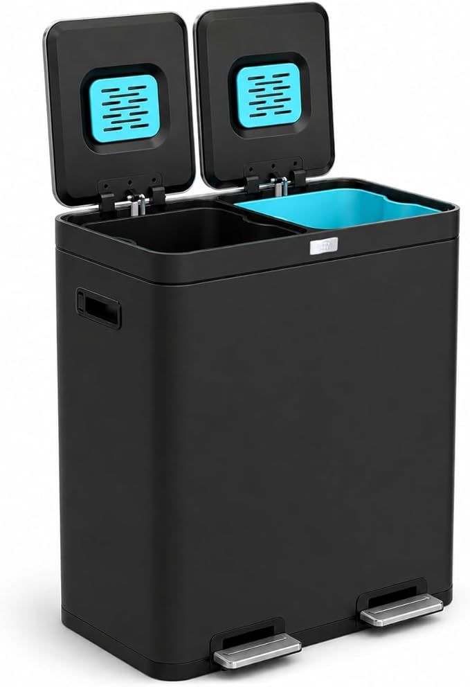 Home Zone Living 16 Gallon Kitchen Trash Can with Dual Compartments for Recycling, CleanAura Odor Control, Stainless Steel, Matte Black, 60 Liters Total