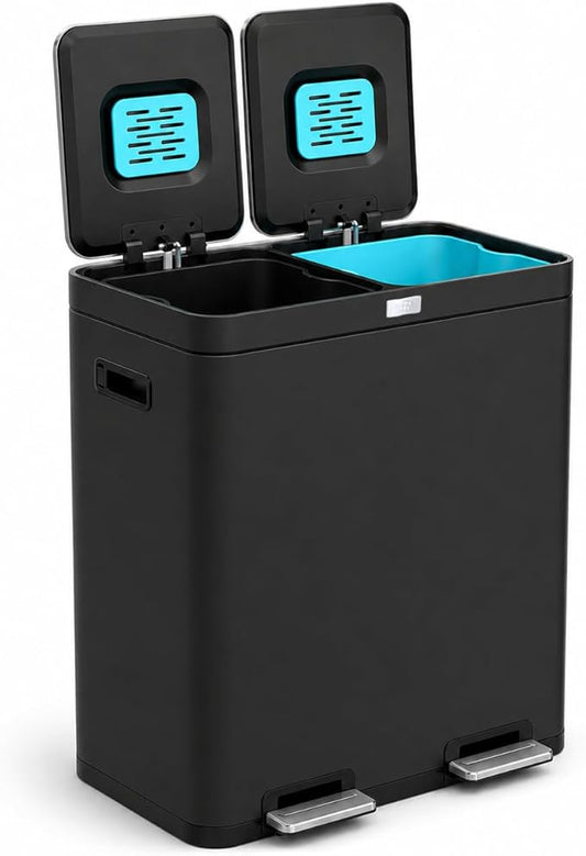 Home Zone Living 16 Gallon Kitchen Trash Can with Dual Compartments for Recycling, CleanAura Odor Control, Stainless Steel, Matte Black, 60 Liters Total