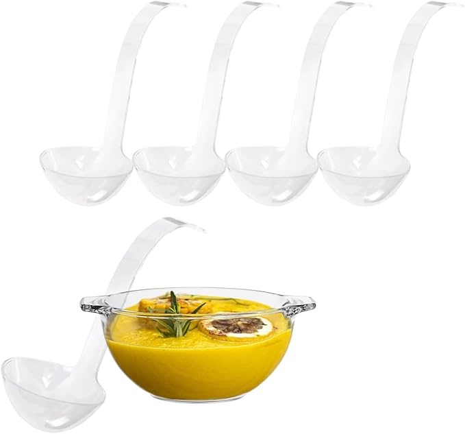 PARTY BARGAINS Clear Disposable Plastic Ladles 4 Pack Heavy Duty Soup Serving Utensils for Porridge Broth Gravy Juices and Liquids Ideal for Parties Catering and Events