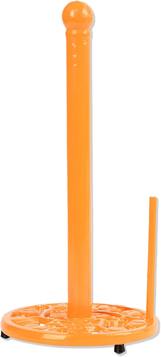 Orange Cast Iron Paper Towel Holder for Kitchen Countertop - Vintage Pumpkin Pattern Standing Dispenser with Heavy Weighted Base, Vibrant Farmhouse Decor, Fits Jumbo Rolls, One-Handed Tear